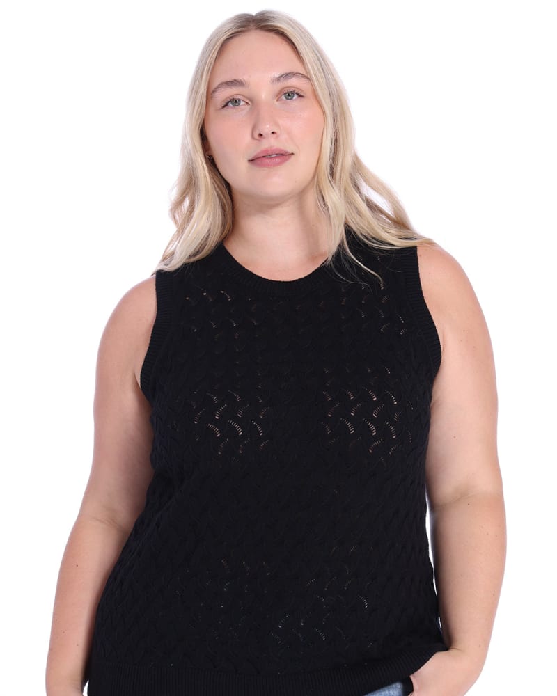 Front of a model wearing a size 1X Cotton Cashmere Pointelle Tank in Black by Minnie Rose. | dia_product_style_image_id:324911